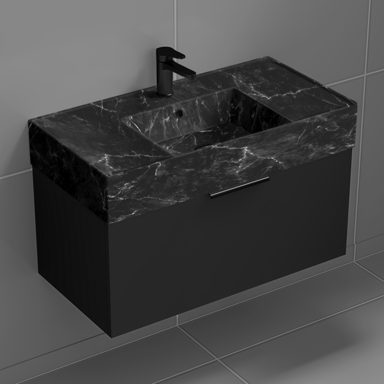 Nameeks DERIN956 Black Bathroom Vanity With Black Marble Design Sink, Floating, Modern, 32 Inch